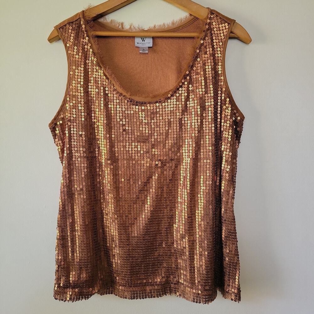 Womens Sleeveless Tank Top Size Petite L Brown Fringe Sequins Club Festival Y2K